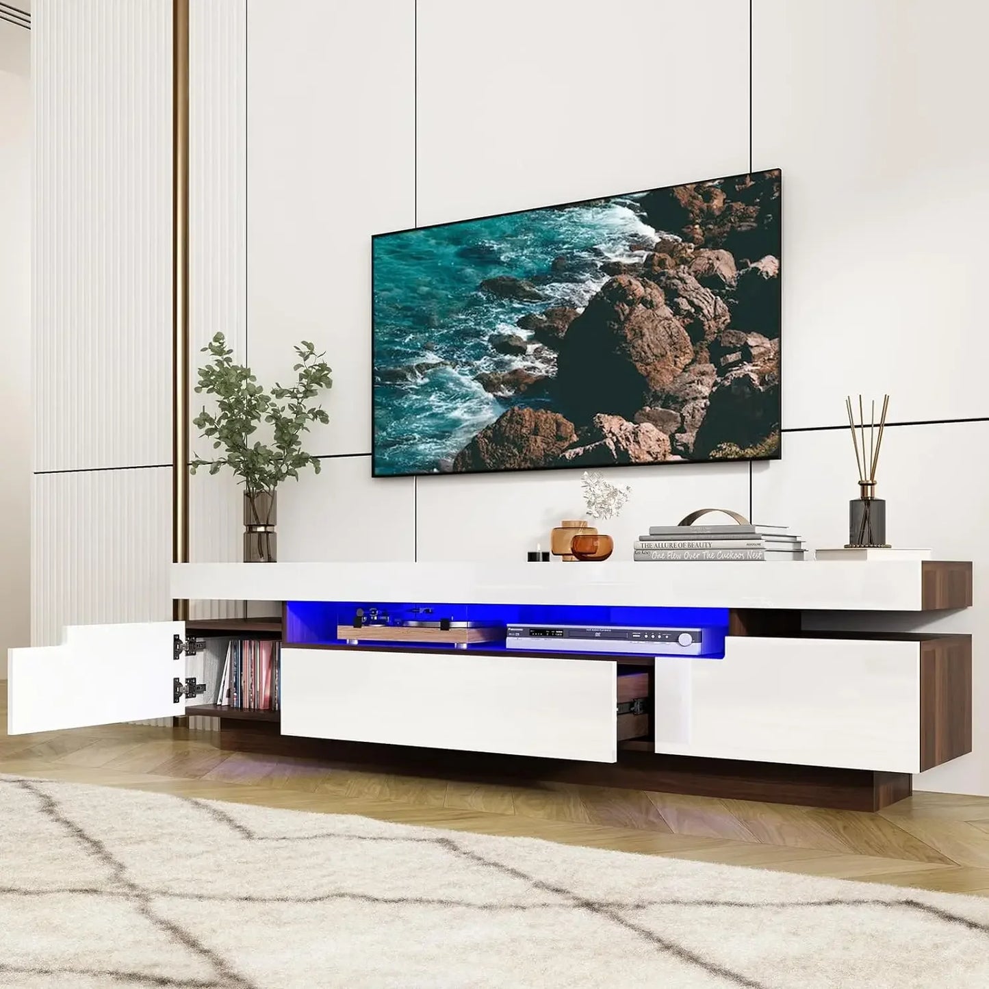 70" Beautiful Marble Look, High Gloss Entertainment Center for 75/80 inch TV