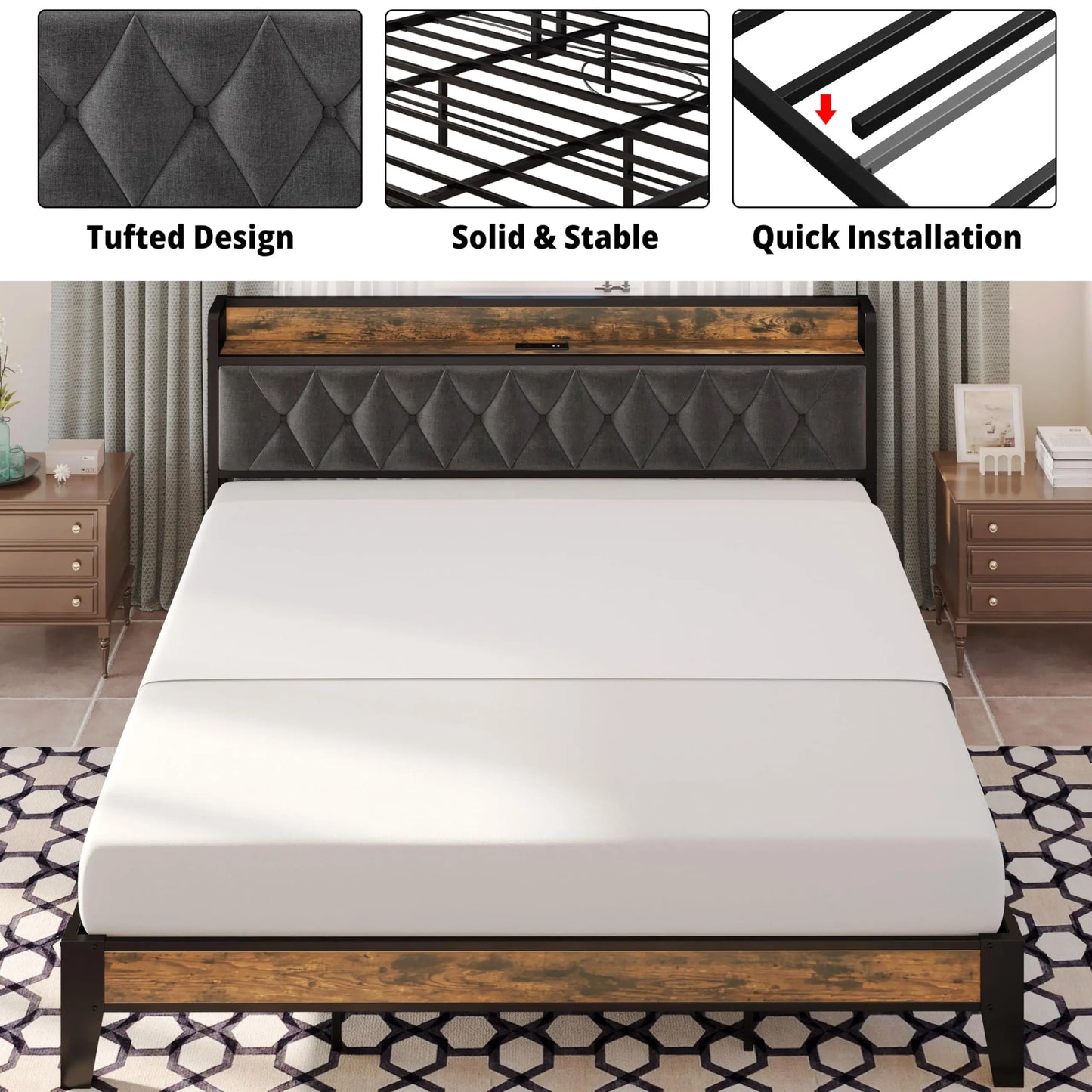 Bed Frame with Storage Headboard with Outlets