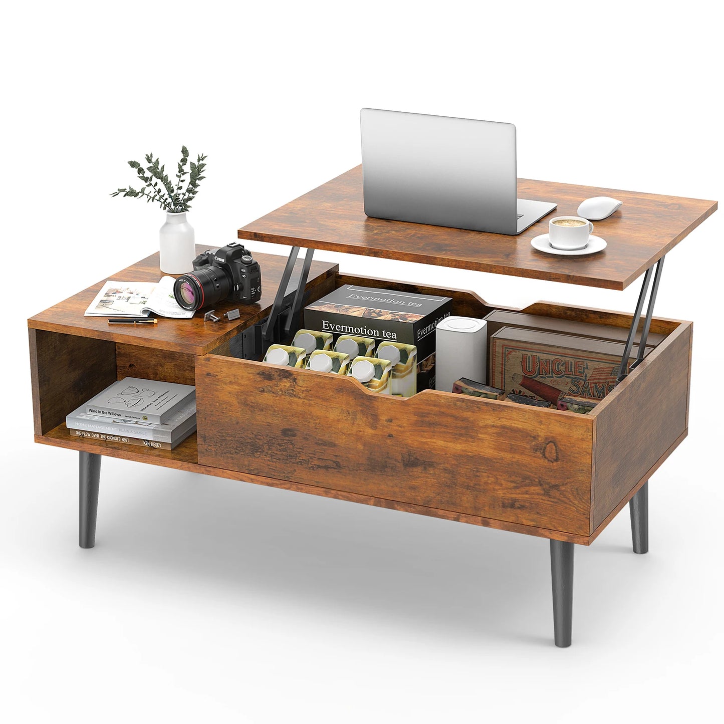 Lift Top Coffee Table with Hidden Storage Compartment and Adjustable Storage Shelf