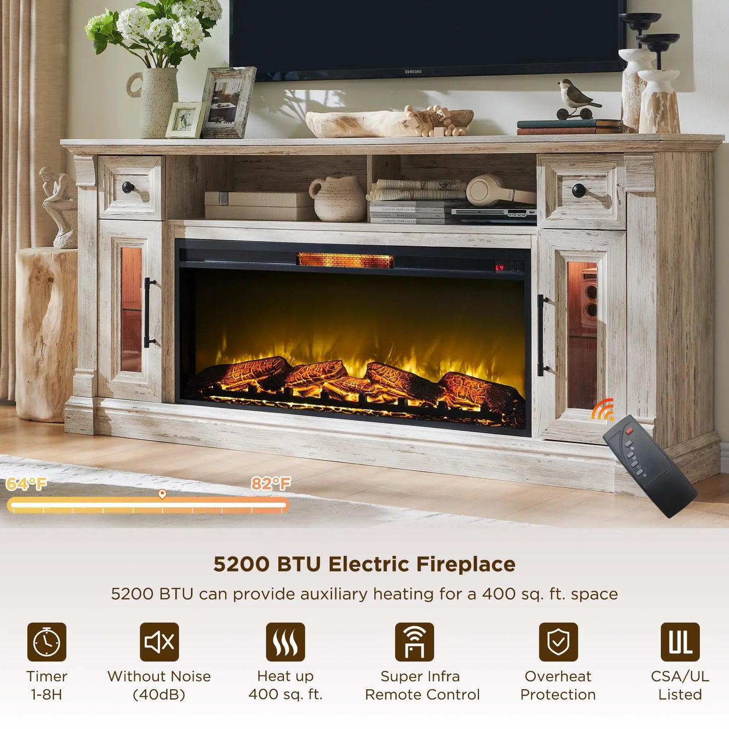 Farmhouse Entertainment Center with 42" Electric Fireplace & LED Lights