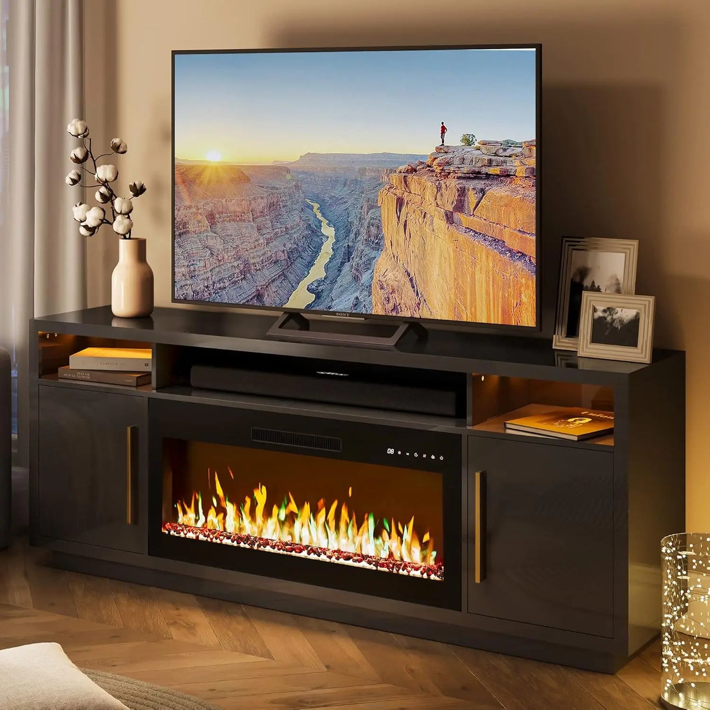Entertainment Center with Electric Fireplace and LED Lighting with Remote