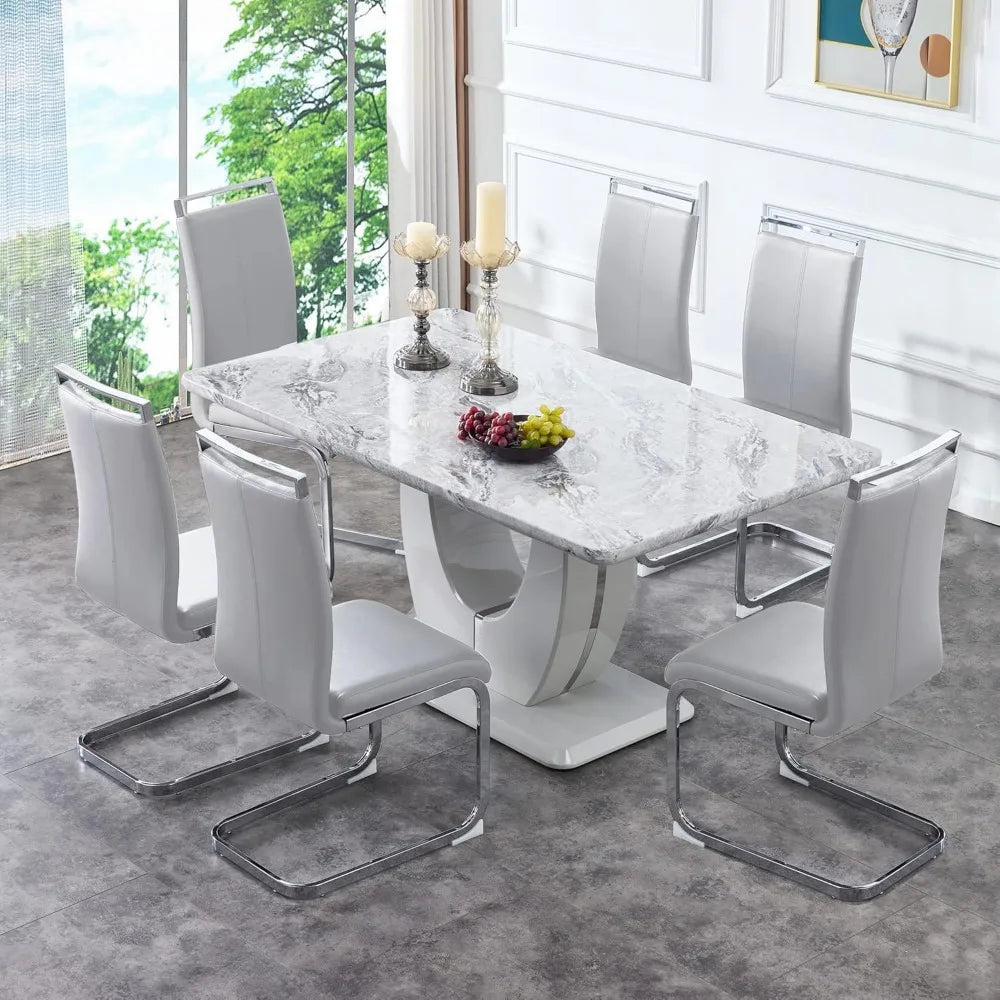 63" Modern Luxury Marble Look Dining Table with 6 Upholstered Chairs, Choice of Grey or Black