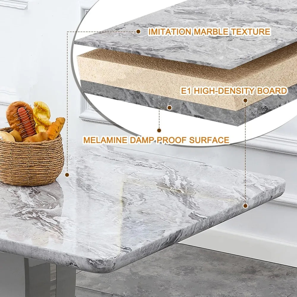 63" Modern Luxury Marble Look Dining Table with 6 Upholstered Chairs, Choice of Grey or Black