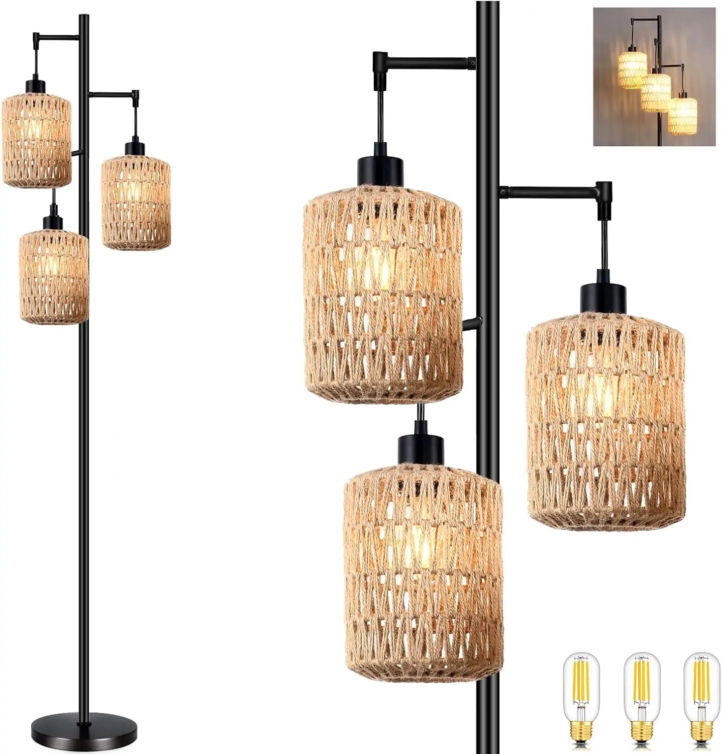 Woven Rattan 3-Light Floor Lamp