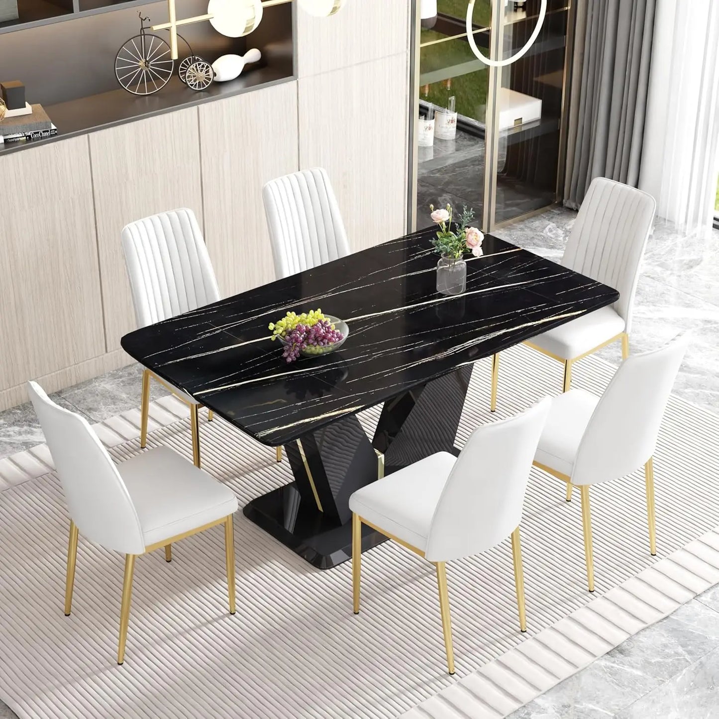 Black Dining Room Table Set for 6, Modern Marble Dining Table with 6 Metal Leg Chairs Kitchen Table Chair Set for Dining Room