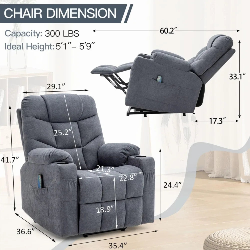 Power Lift Recliner with Heated Vibration Massage and Side Pockets, USB Charge Port & Cup Holders