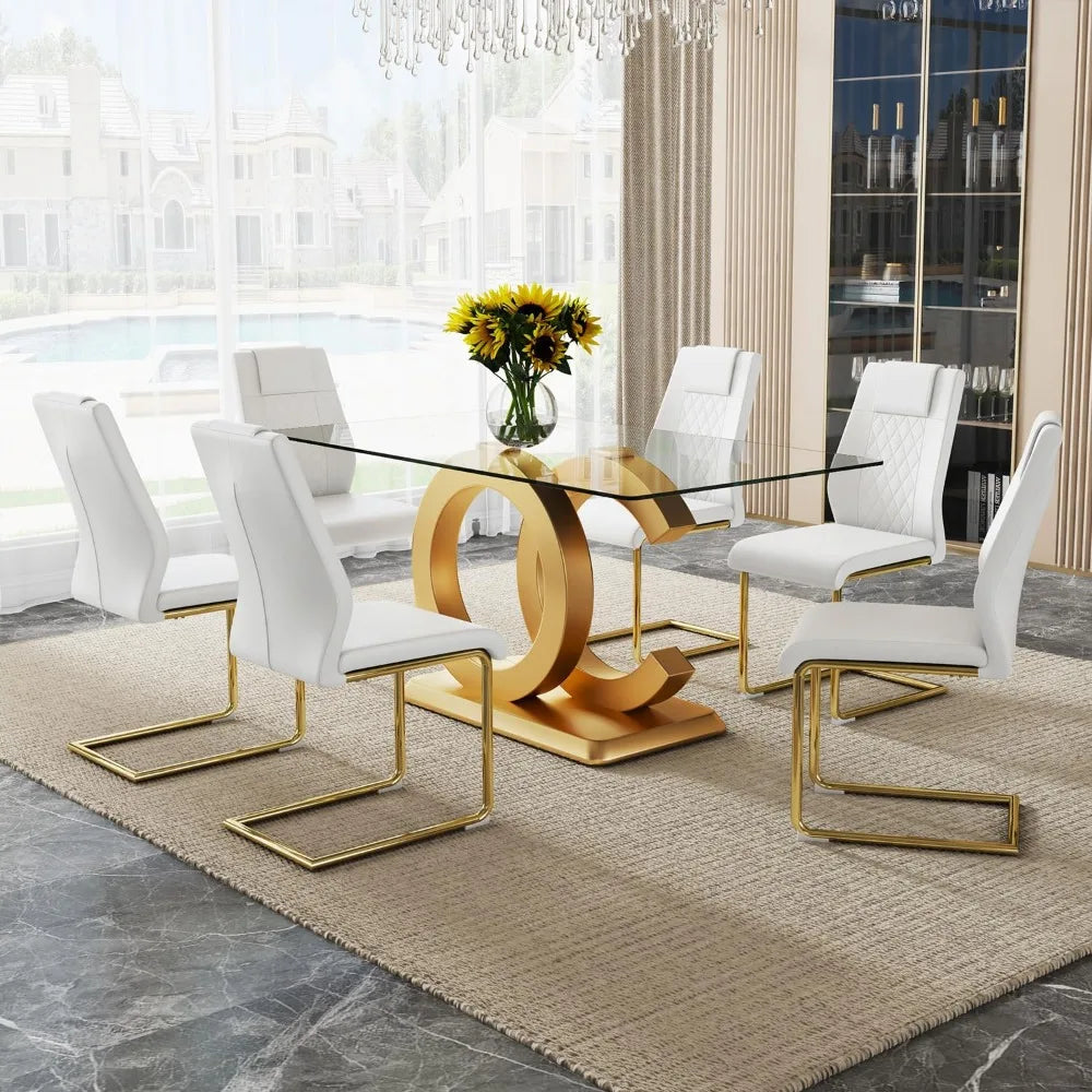 Rectangular Dining Room Table with 6 PU Leather Upholstered Dining Chairs