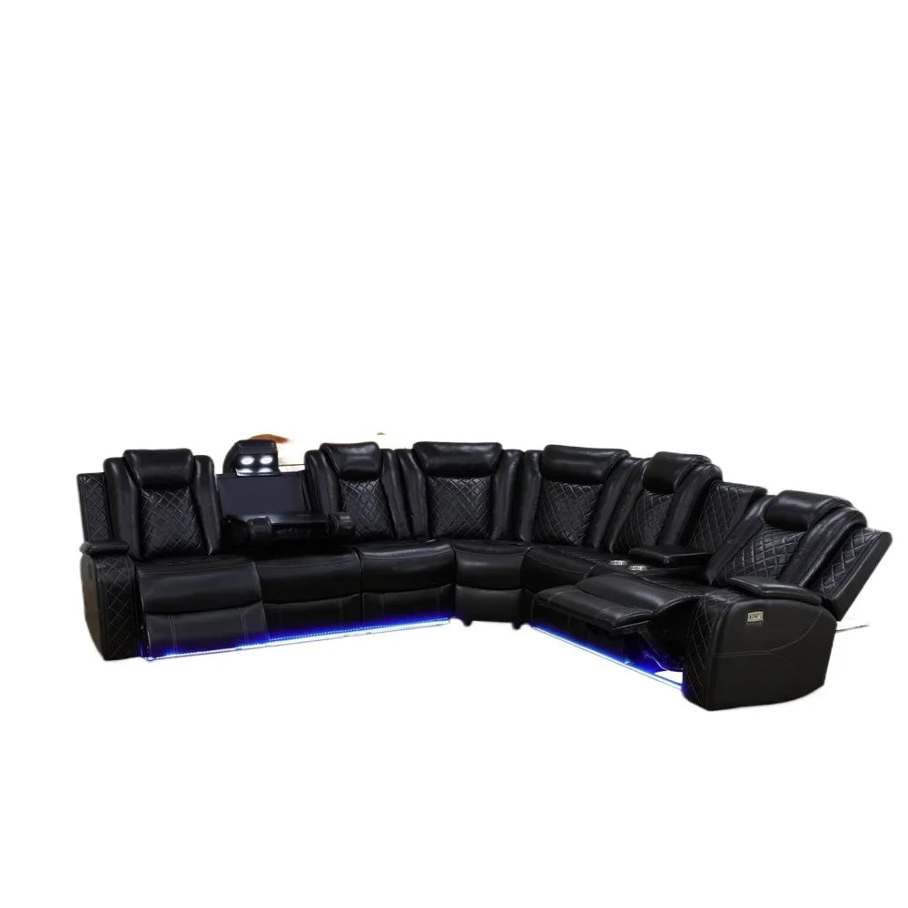 Leather Power Recliner Sectional Sofa with LED