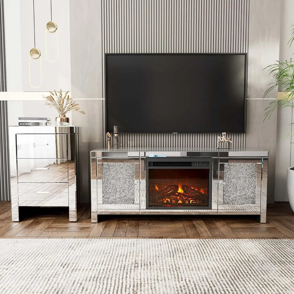 Elegant Mirror Media Entertainment Console with Fireplace and Storage