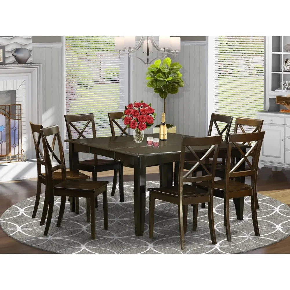9 Piece Modern Dining Table Set Includes a Square Wooden Table with Butterfly Leaf and 8 Kitchen Dining Chairs