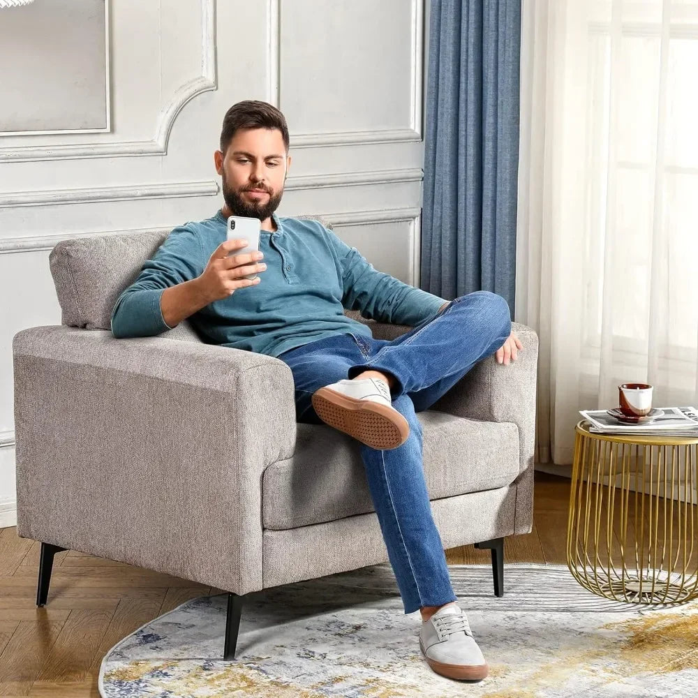 Oversized Mid Century Modern Chair Upholstered In Linen Fabric