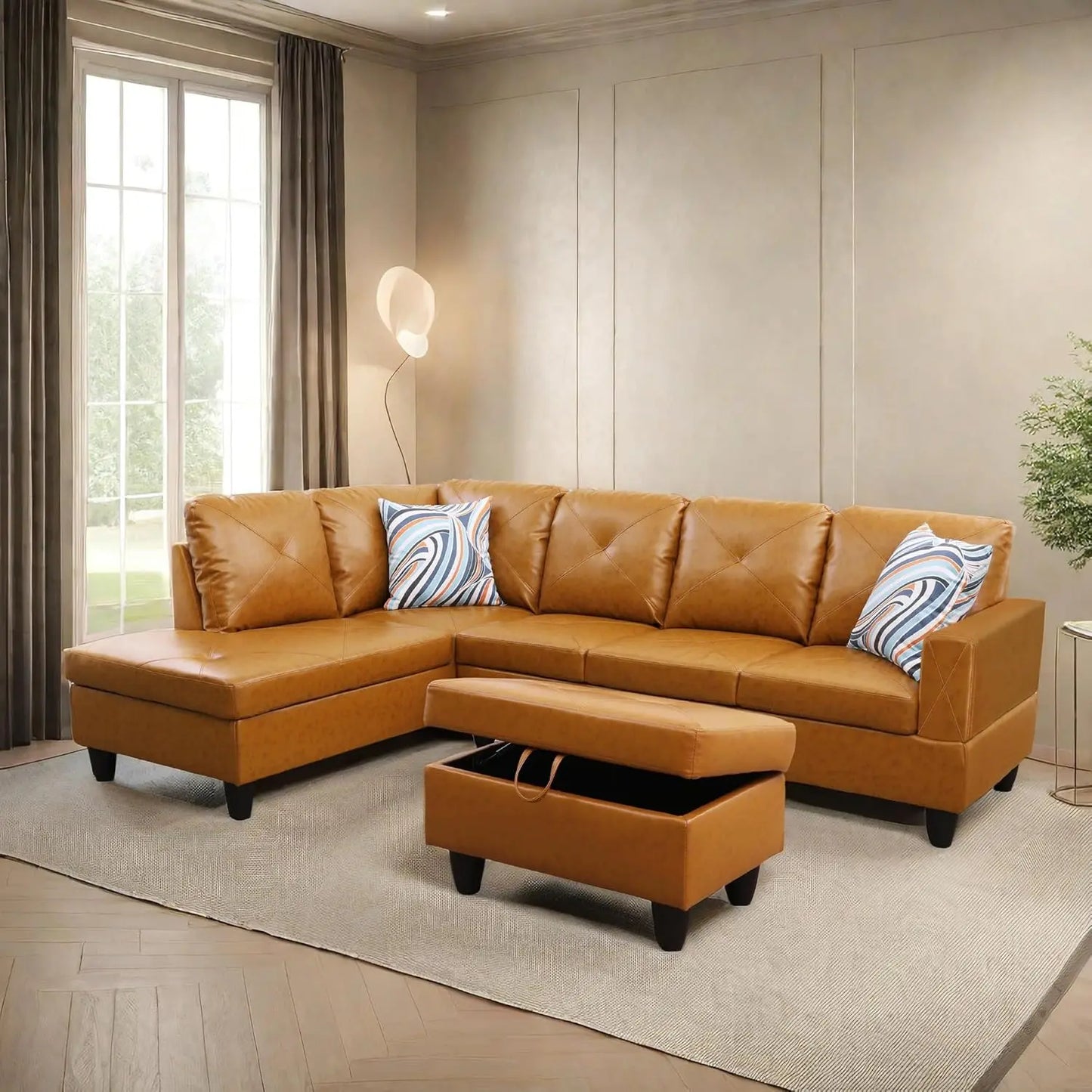 Modern L shaped Sectional With Ottoman and Grey-Belt Cup Holder