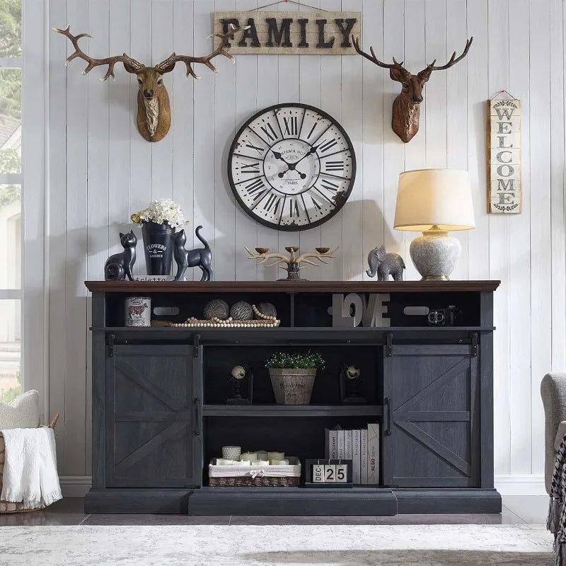 Farmhouse Entertainment Center w/Storage Cabinets and Sliding Barn Door