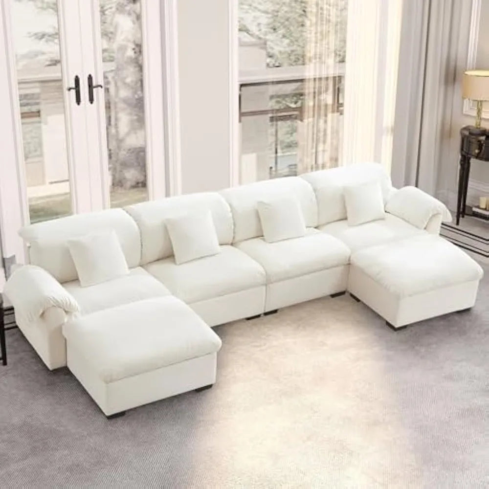 White Modular Oversized Sofa with Hidden Storage, 4 Lumbar Pillows and 2 Ottomans