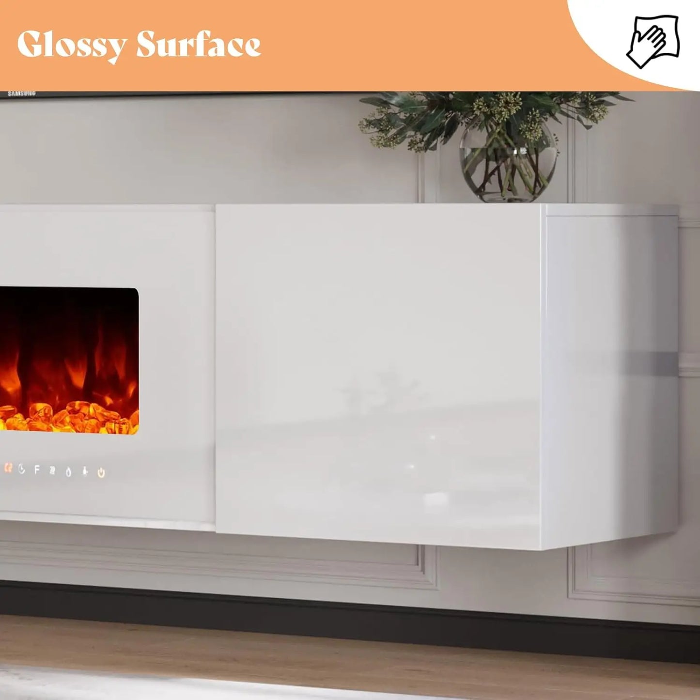 Wall Mounted High Gloss Entertainment Media Console with Floating 40" Fireplace