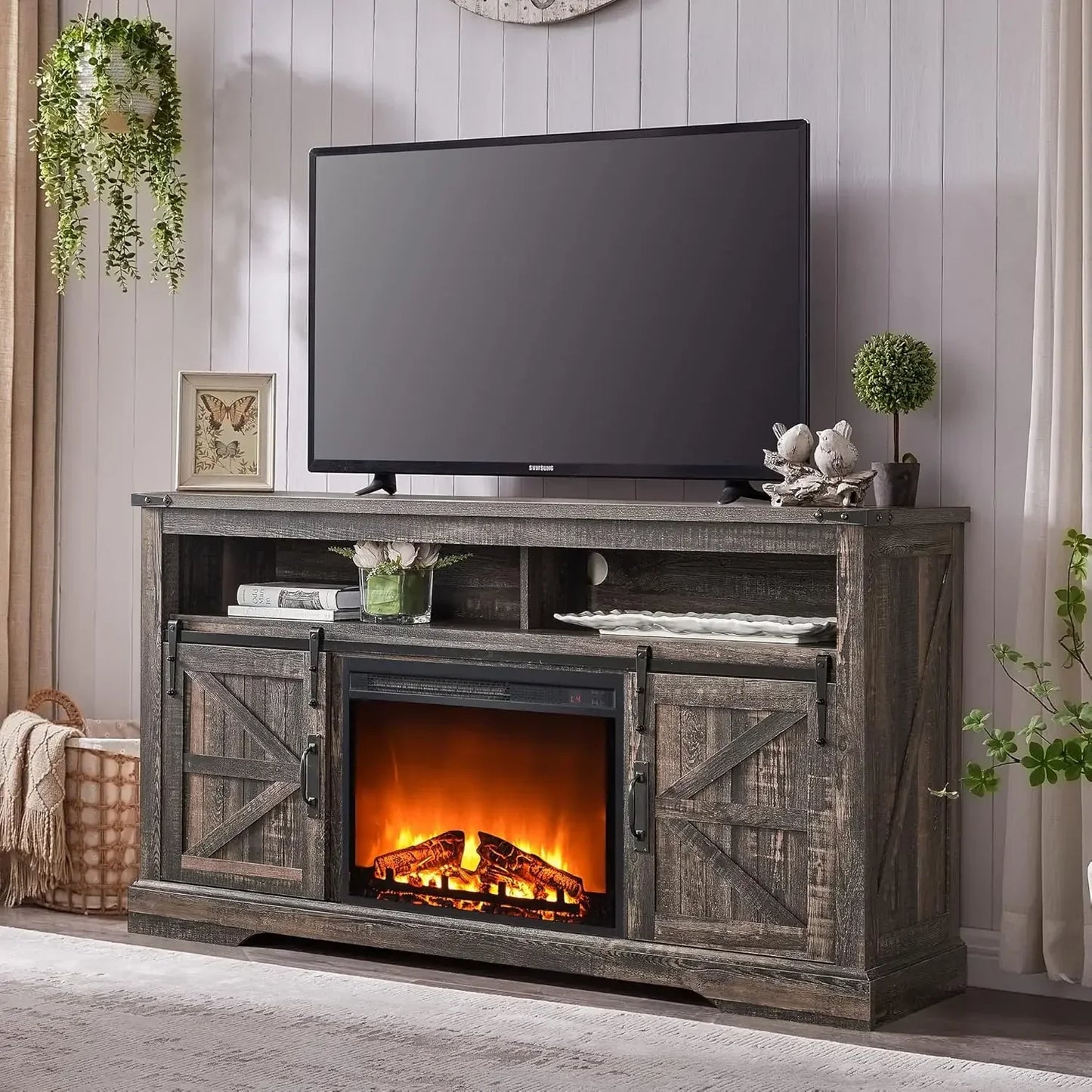 Rustic Farmhouse Media Console with 23" Electric Fireplace