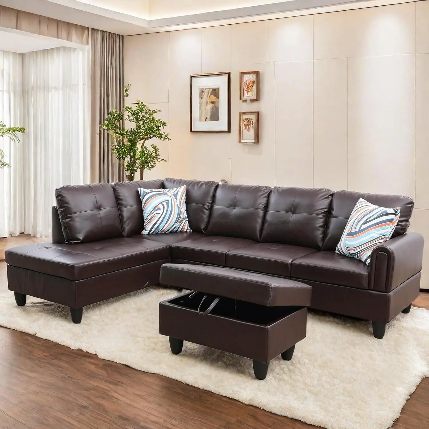 Modern L shaped Sectional With Ottoman and Grey-Belt Cup Holder