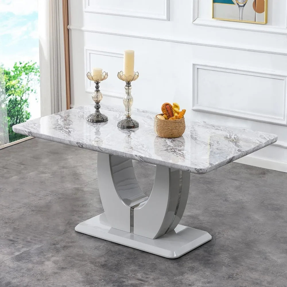 63" Modern Luxury Marble Look Dining Table with 6 Upholstered Chairs, Choice of Grey or Black