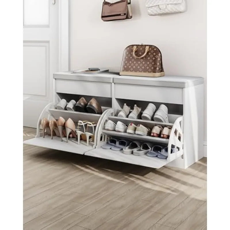 Shoe Storage Bench with 2 Flip Drawers for Shoes and 2 Lift Top Storage Areas
