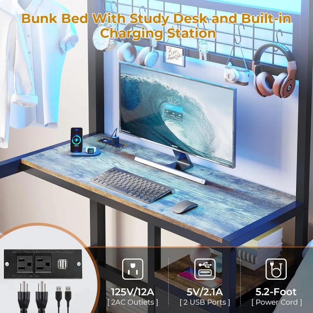 Twin Loft Over Twin Size Bed Frame with Desk Station