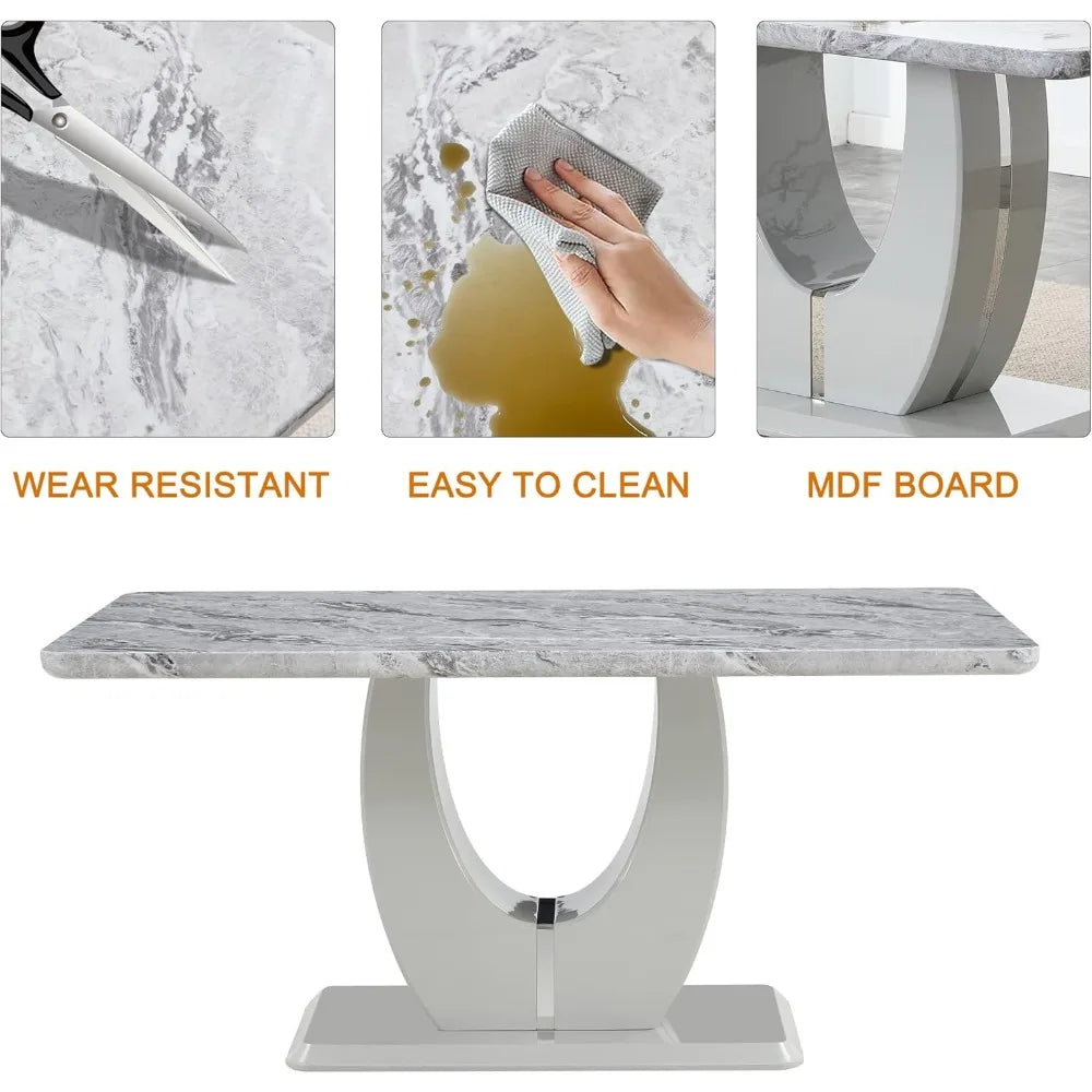 63" Modern Luxury Marble Look Dining Table with 6 Upholstered Chairs, Choice of Grey or Black