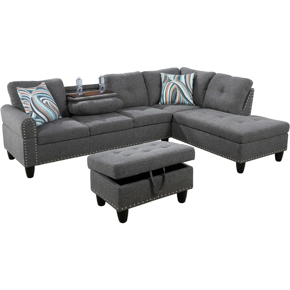 Modern L shaped Sectional With Ottoman and Grey-Belt Cup Holder