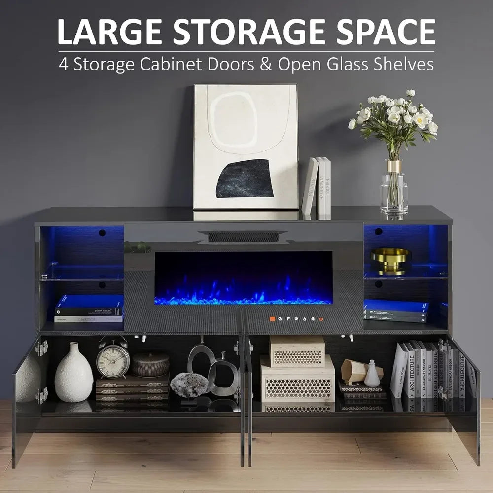 Modern High Gloss Entertainment Center with 40" Fireplace, Grey, Black, White