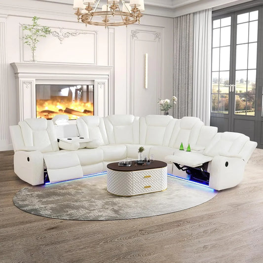 Leather Power Recliner Sectional Sofa with LED