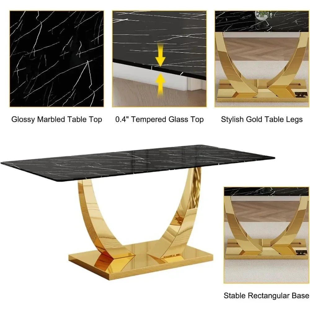 Faux Marble Kitchen Table Set with Tempered Glass Table Top