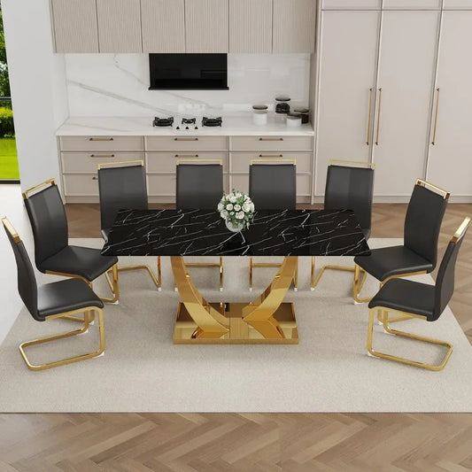 Faux Marble Kitchen Table Set with Tempered Glass Table Top