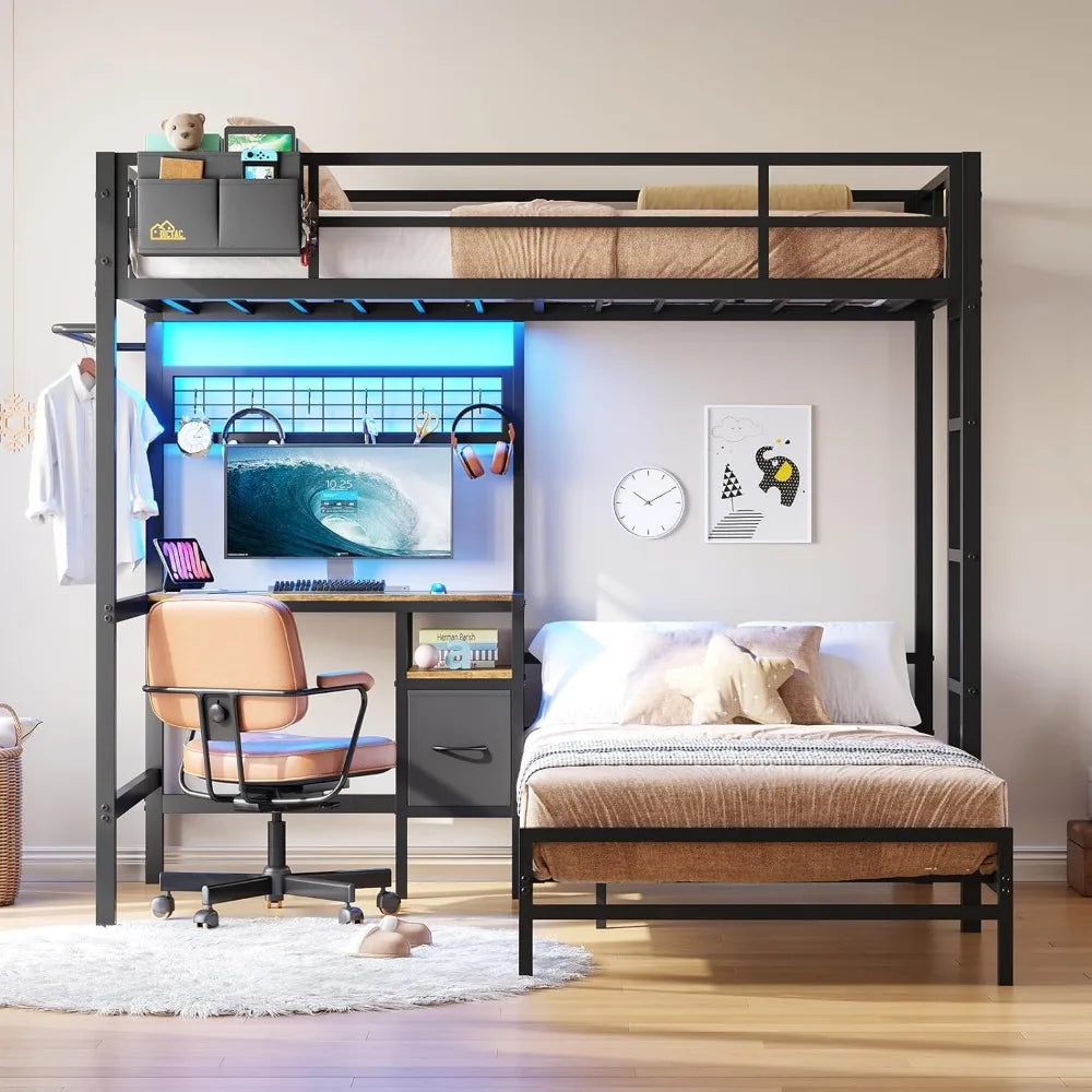 Twin Loft Over Twin Size Bed Frame with Desk Station