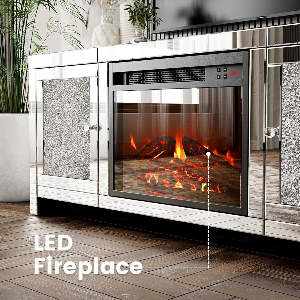 Elegant Mirror Media Entertainment Console with Fireplace and Storage