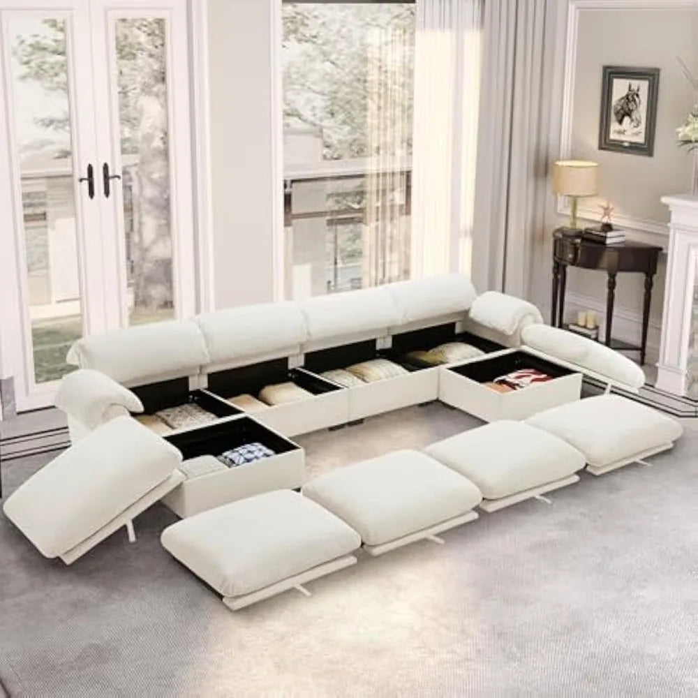 White Modular Oversized Sofa with Hidden Storage, 4 Lumbar Pillows and 2 Ottomans