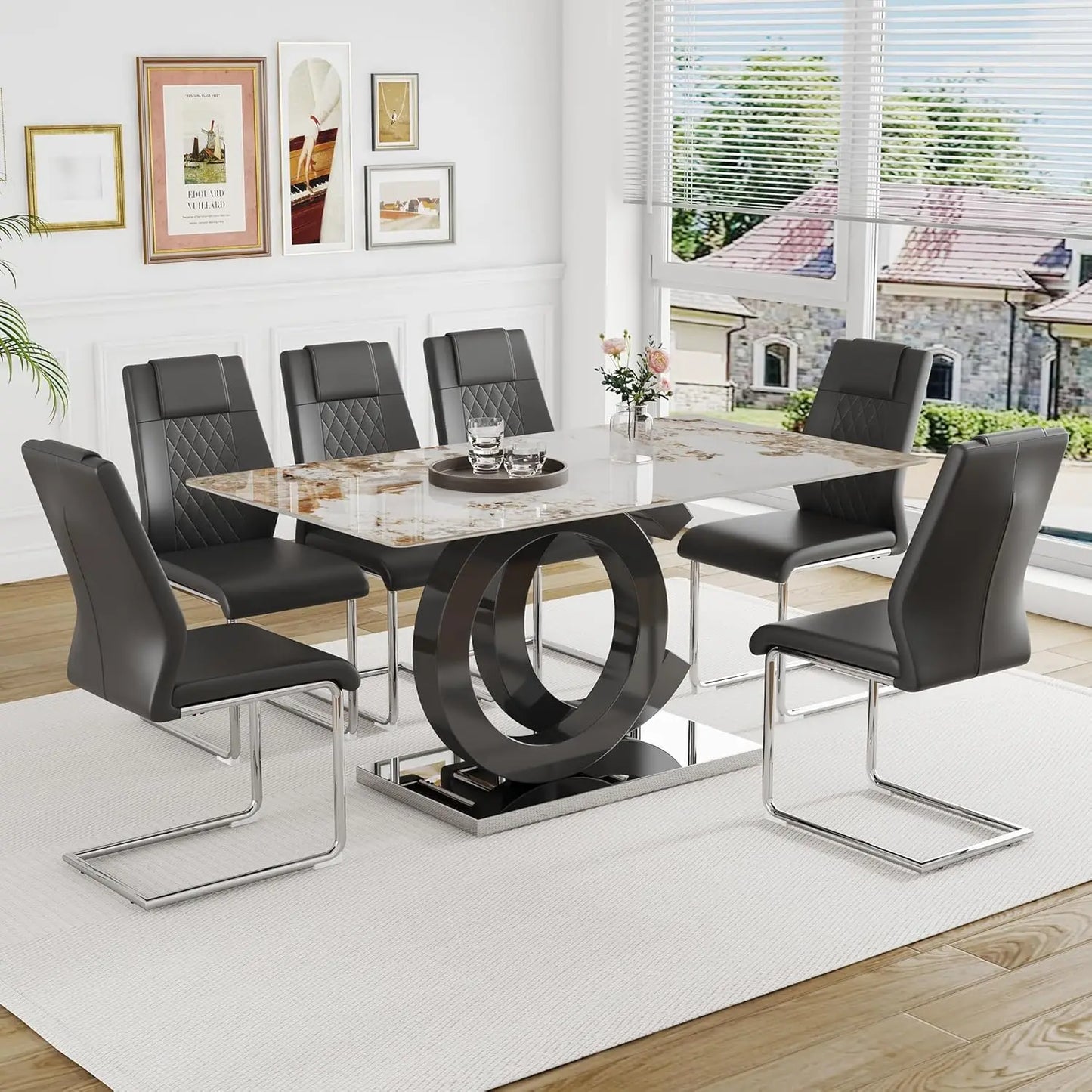 Rectangular Dining Room Table with 6 PU Leather Upholstered Dining Chairs