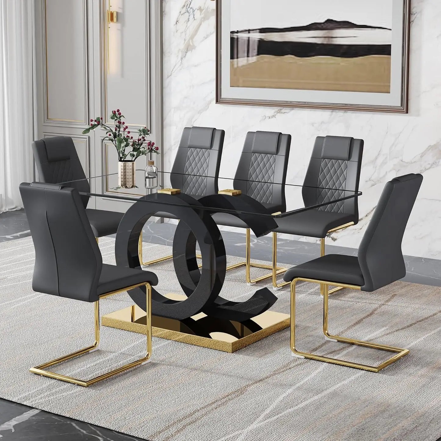 Rectangular Dining Room Table with 6 PU Leather Upholstered Dining Chairs