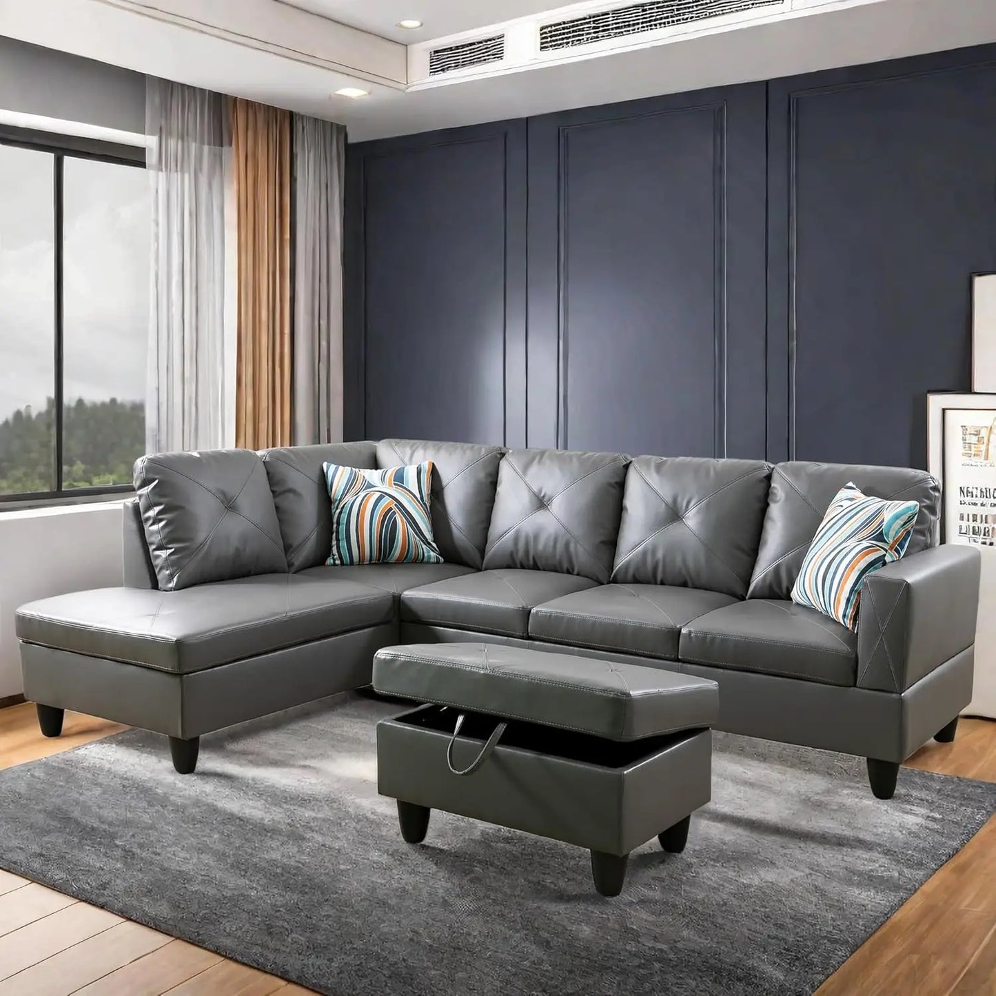 Modern L shaped Sectional With Ottoman and Grey-Belt Cup Holder