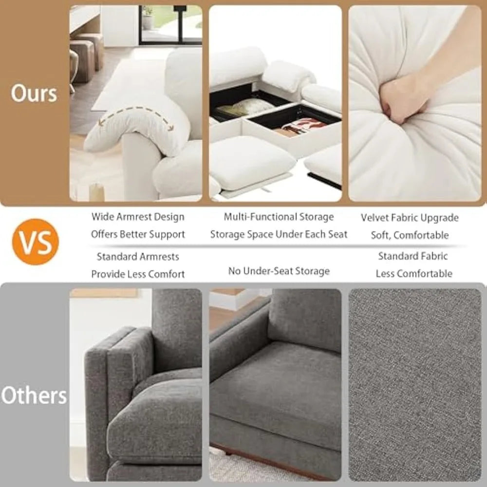 White Modular Oversized Sofa with Hidden Storage, 4 Lumbar Pillows and 2 Ottomans