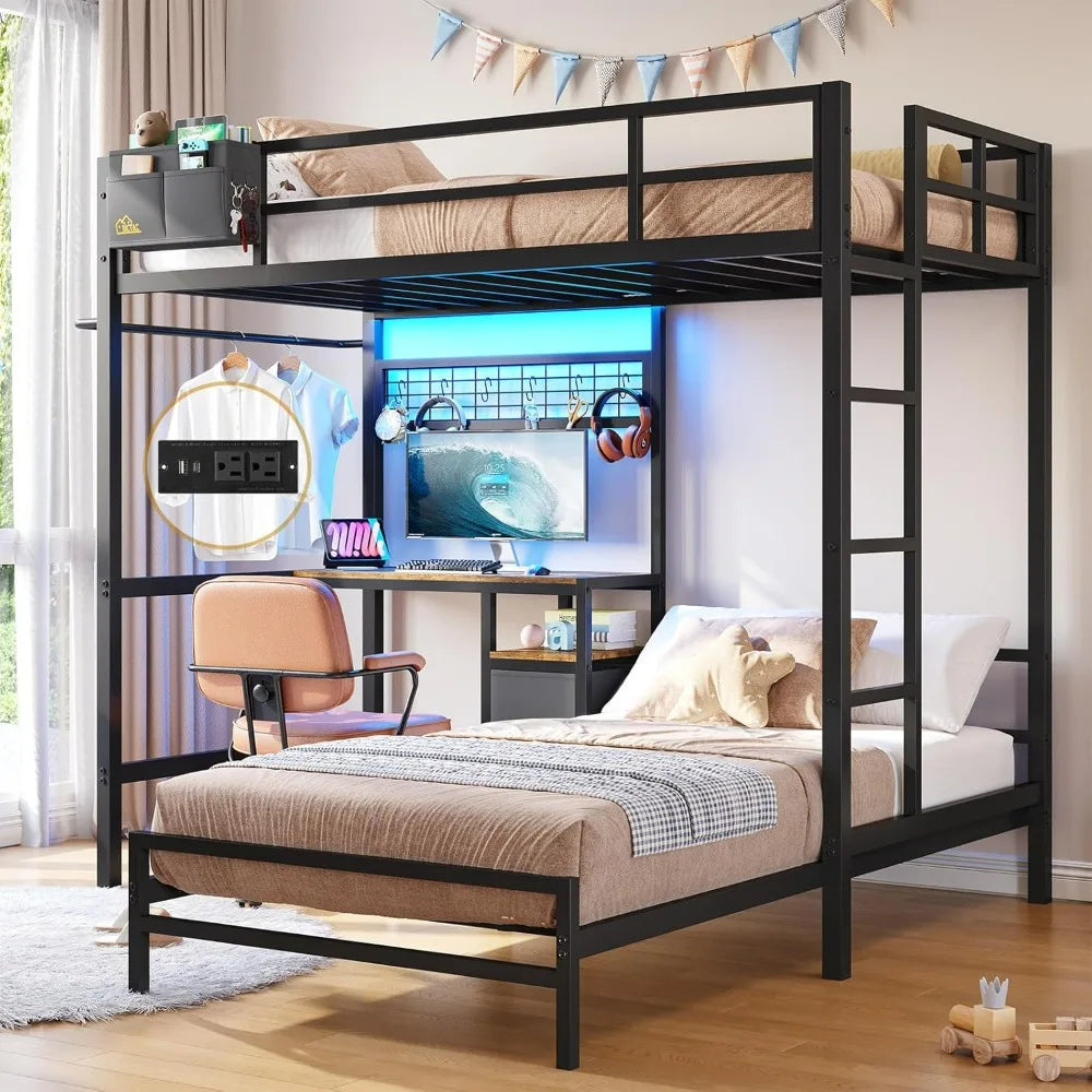 Twin Loft Over Twin Size Bed Frame with Desk Station