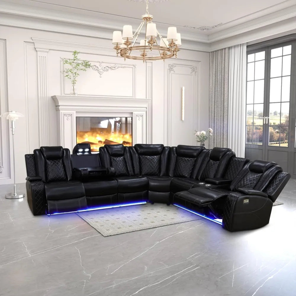 Leather Power Recliner Sectional Sofa with LED