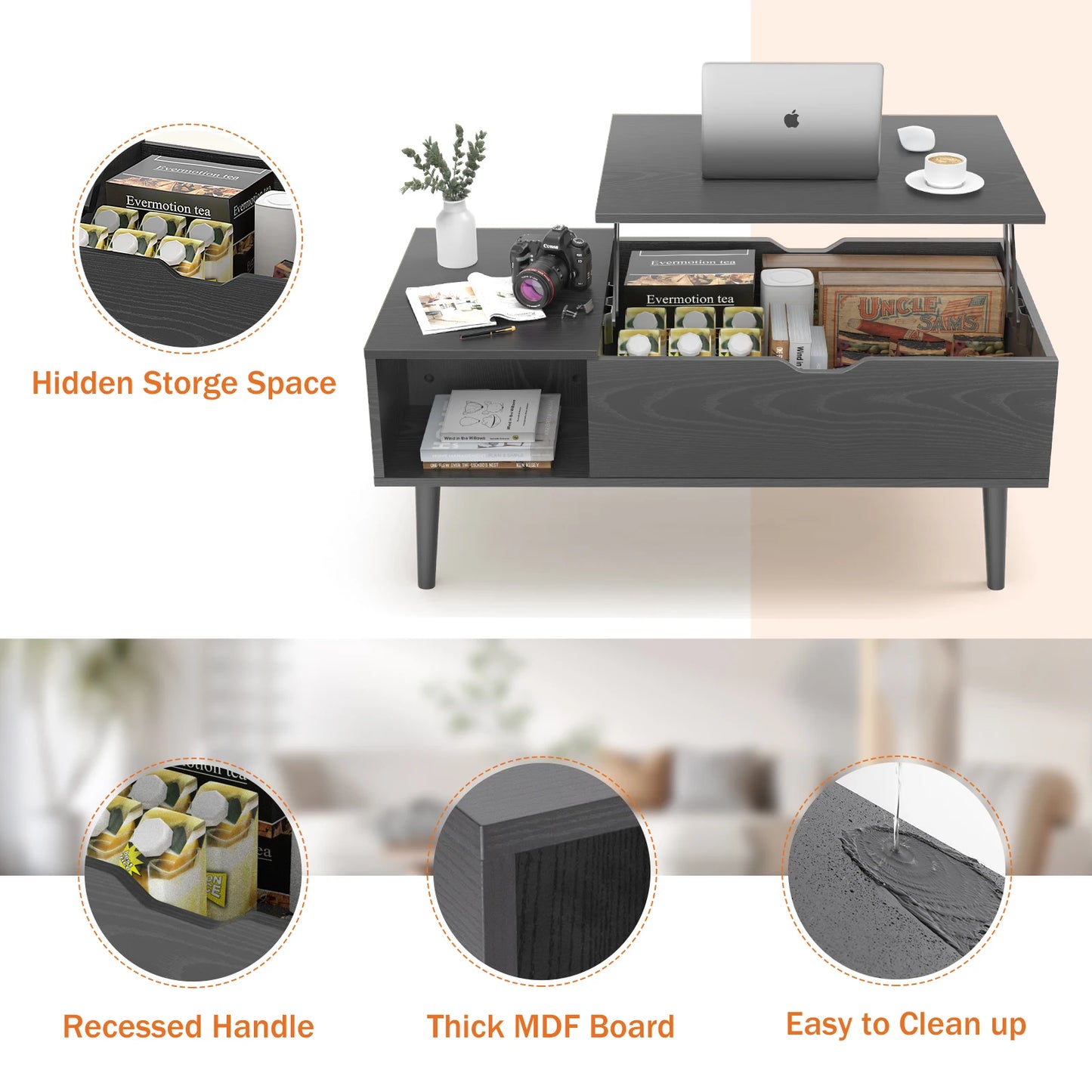 Lift Top Coffee Table with Hidden Storage Compartment and Adjustable Storage Shelf