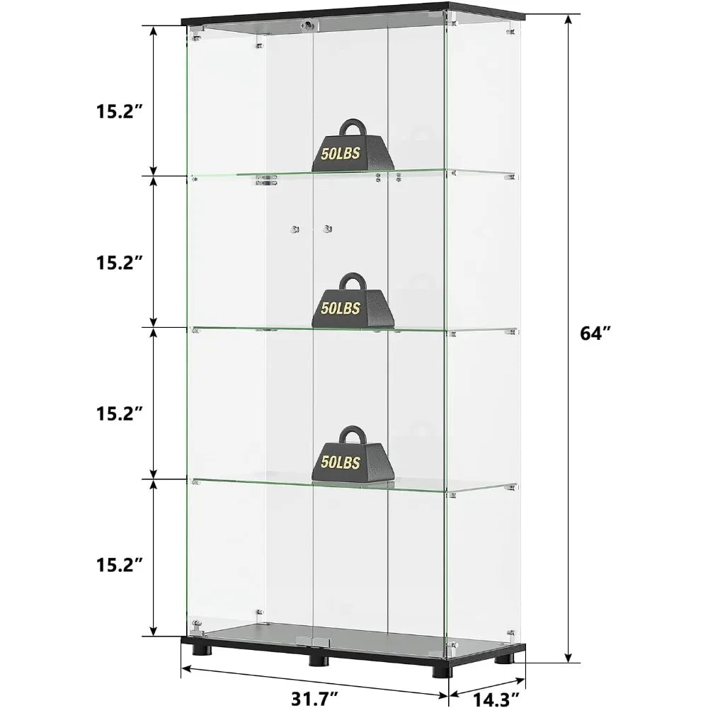 Glass Display Case with 4 Shelves and Double Doors