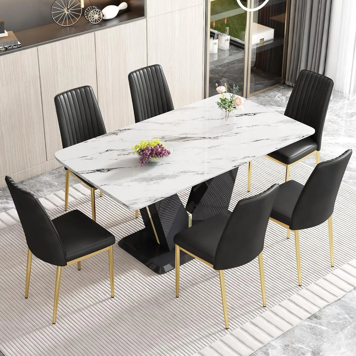 Black Dining Room Table Set for 6, Modern Marble Dining Table with 6 Metal Leg Chairs Kitchen Table Chair Set for Dining Room
