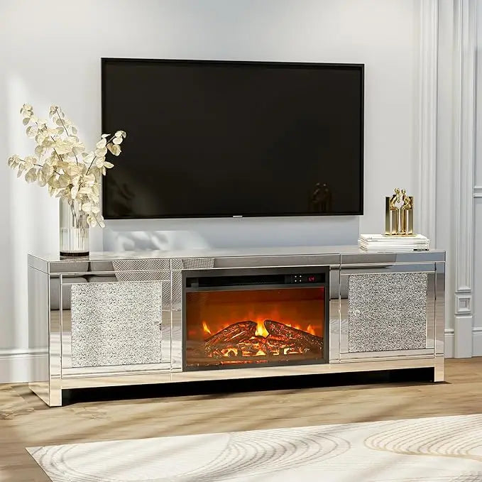 Elegant Mirror Media Entertainment Console with Fireplace and Storage
