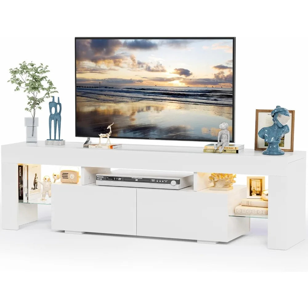 Modern Console Table with Open Media Shelf, with Double Drawer and Remote