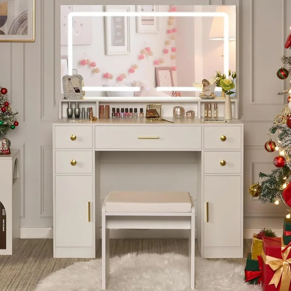 Beautiful Vanity Set with Large LED Lighted Mirror with 3 color Lighting and Power Outlet, White