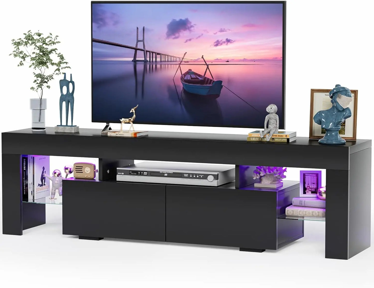 Modern Console Table with Open Media Shelf, with Double Drawer and Remote
