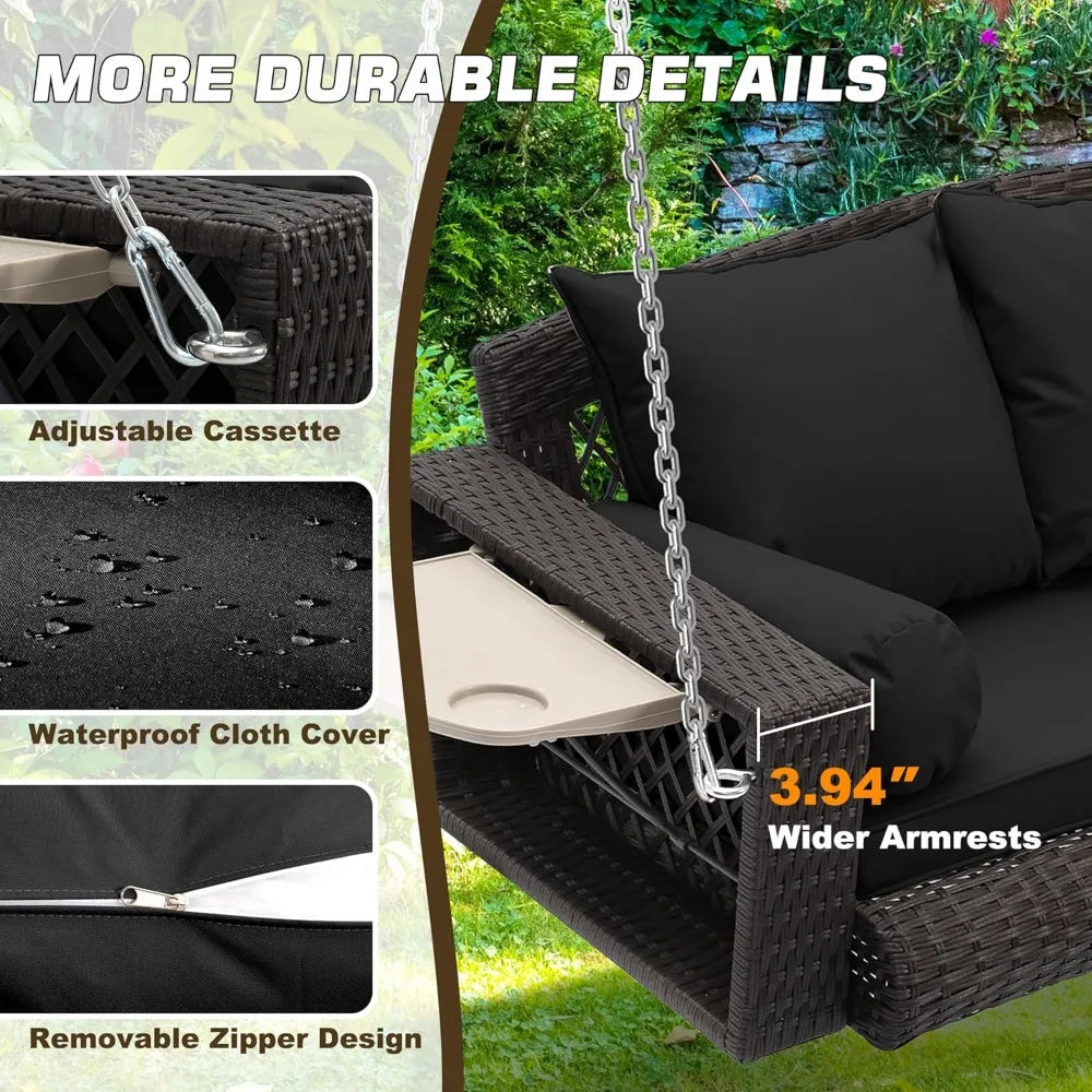 Wicker Outdoor/Porch 3-Person Hanging Swing, Cushions, Chains and Cup Holders (2) Included