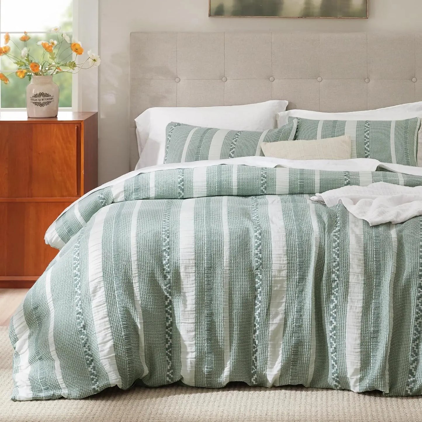 Boho Waffle Weave Duvet Cover Set with 2 Shams
