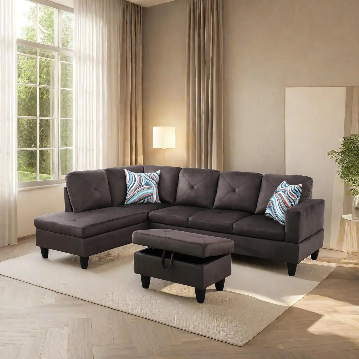 Modern L shaped Sectional With Ottoman and Grey-Belt Cup Holder
