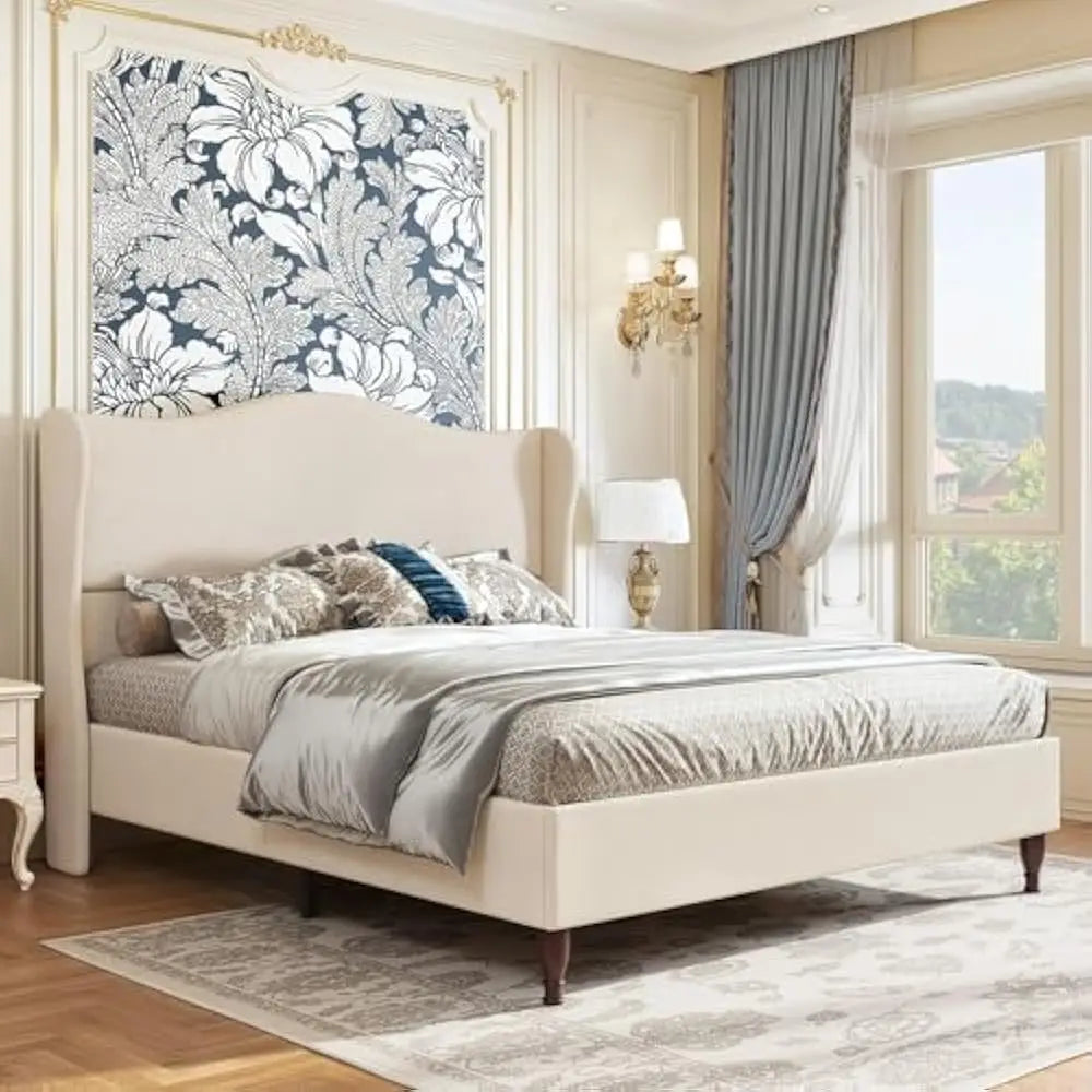 Wingback Upholstered Platform Bed Frame